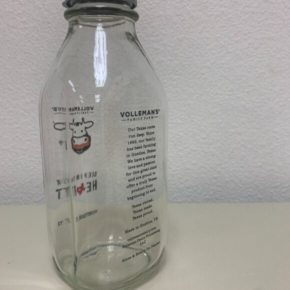 BOTTLE - 32oz VOLLMANS FARMS glass milk bottle DEEP IN THE HEART OF TEXAS logo - Picture 4 of 8